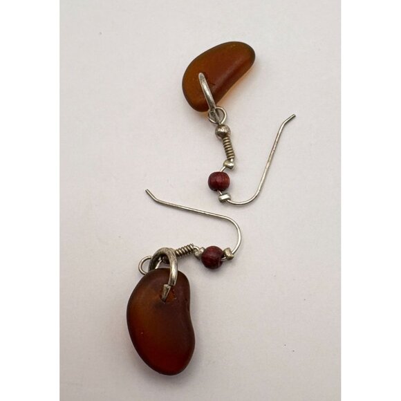 Amber Colored Dangle Earrings Silver Tone Beaded Accents Nature Boho - Picture 5 of 6